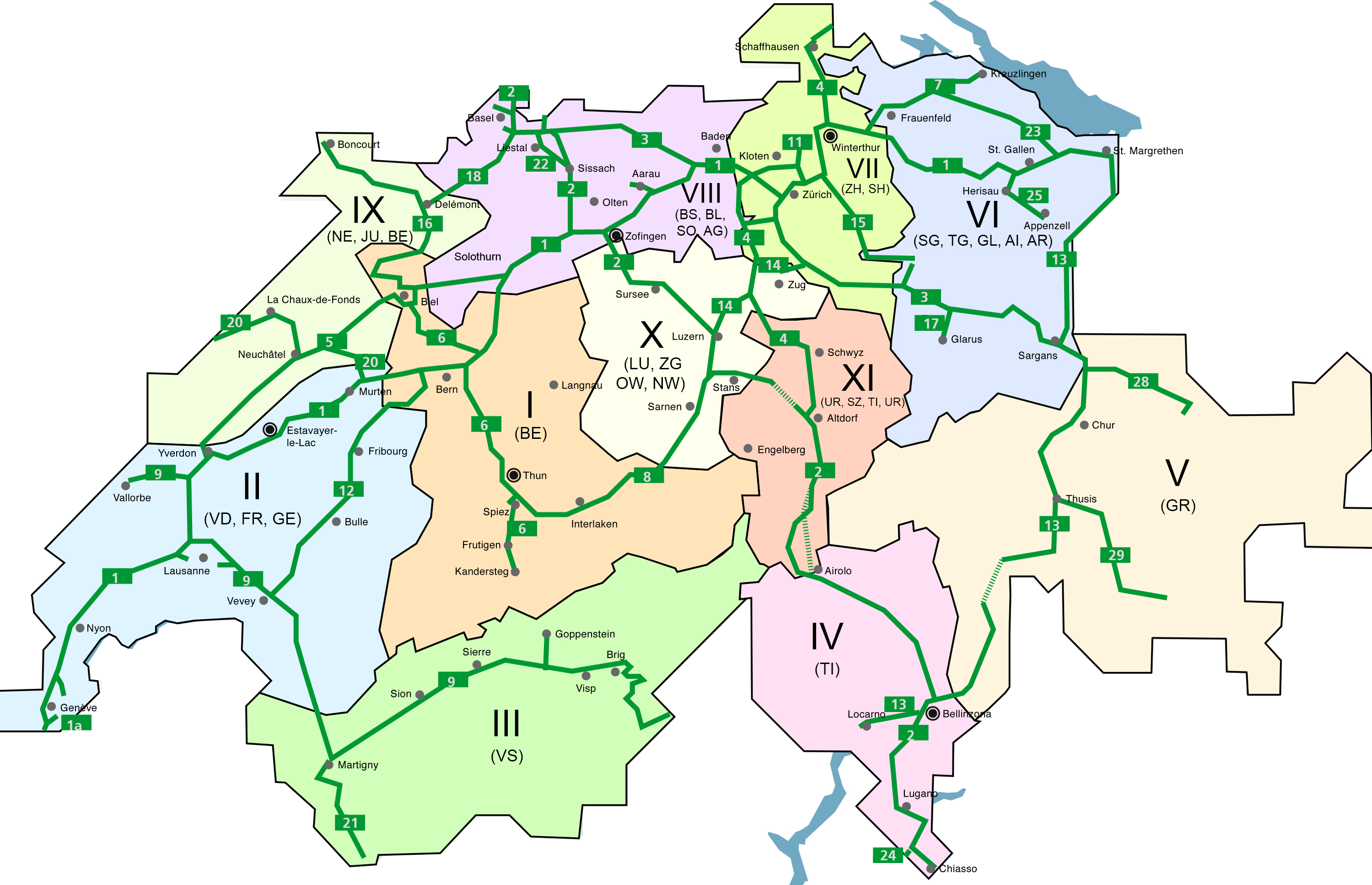 Die Gebietseinheiten der Nationalstrassen